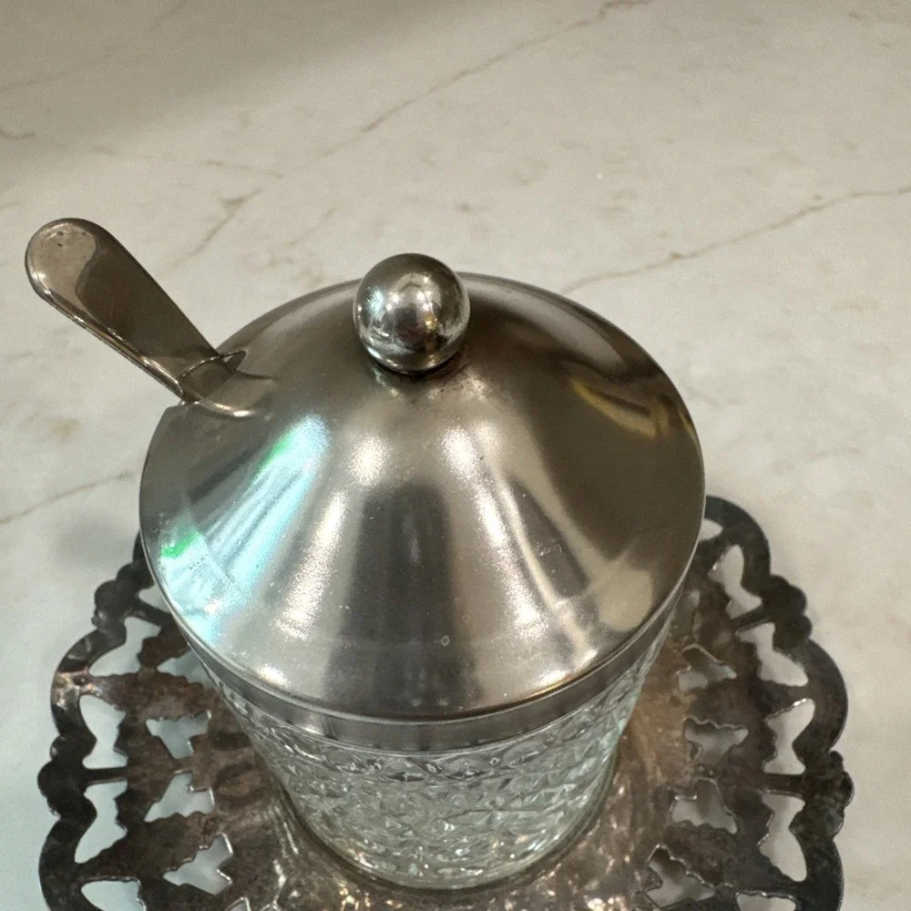 French Glass Jam Pot Preserve Jar Honey Pot With Lid Sheffield England Spoon